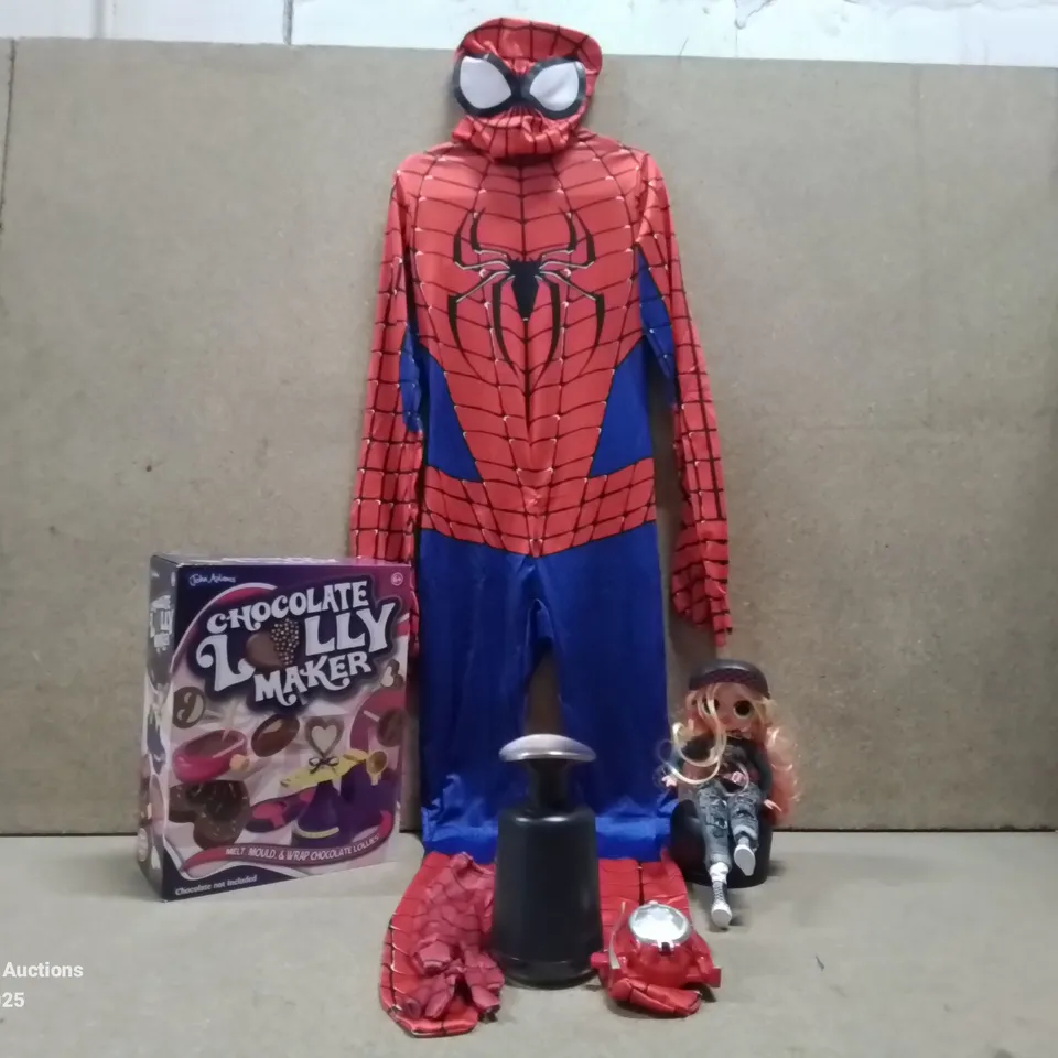 BOX TO CONTAIN ASSORTED HOUSEHOLD GOODS AND PRODUCTS TO INCLUDE; CHOCOLATE LOLLY MAKER, CHILDREN'S SPIDER MAN COSTUME, SOAP DISPENSER