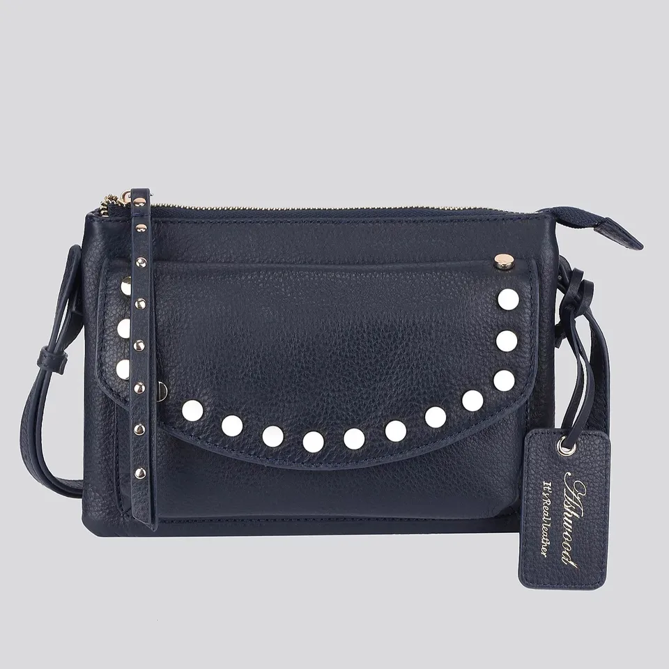 ASHWOOD LEATHER CROSSBODY BAG WITH STUD DETAIL - NAVY