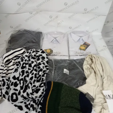 LARGE BOX OF ASSORTED CLOTHING ITEMS IN VARIOUS COLOURS AND SIZES INCLUDING TROUSERS , TOPS AND JUMPERS