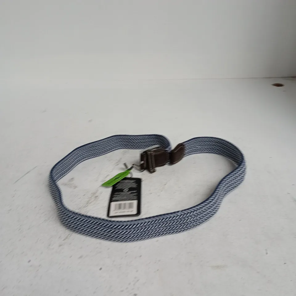 SWOLE PANDA BELT – BLUE PATTERNED FABRIC WITH BROWN LEATHER ENDS (RECYCLED PLASTIC BOTTLES)