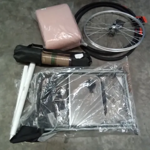 PALLET OF ASSORTED ITEMS INCLUDING RALEIGH BIKE WHEEL, DEESTONE BICYCLE TIRES, CAMPKING COMPACT DIRECTOR CHAIR, KUYOU YOGA MAT, PETS EMPIRE DOG BOWL