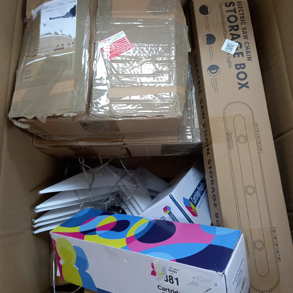 BOX OF APPROXIMATELY 10 ASSORTED ITEMS TO INCLUDE TONER CARTRIDGE, STAR DÉCOR, SAW CHAIN STORAGE BOX ETC