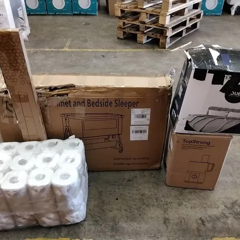 A PALLET OF VARIOUS ITEMS TO INCLUDE. TOILET ROLL, DRYING RACK, BEDSIDE SLEEPER, FOOD PROCESSOR AND AIRBED