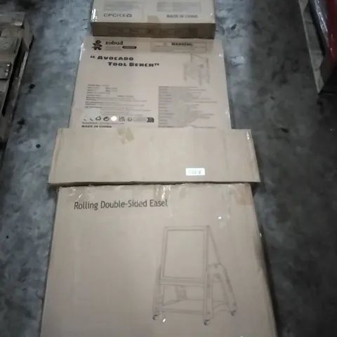 PALLET OF HOUSEHOLD ITEMS TO INCLUDE ROLLING DOUBLE SIDED EASEL, CLOTHES AIRER, AVOCADO TOOL BENCH, SWIVEL CHAIR SENSORY TOY AND OTHER ASSORTED ITEMS...