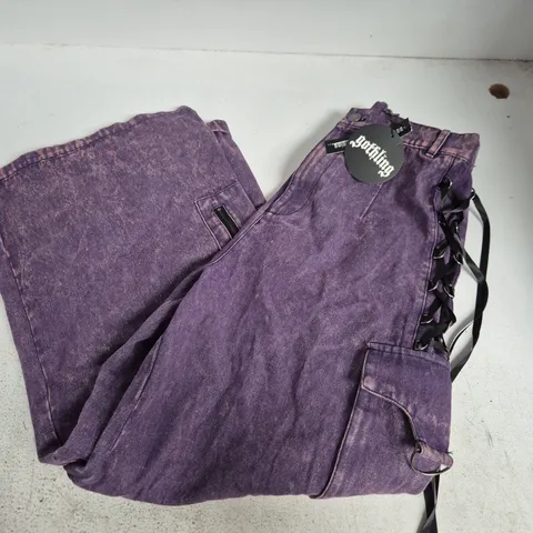 GOTHLING NEBULA LACE UP CARGO TROUSERS – PURPLE DENIM, UK L