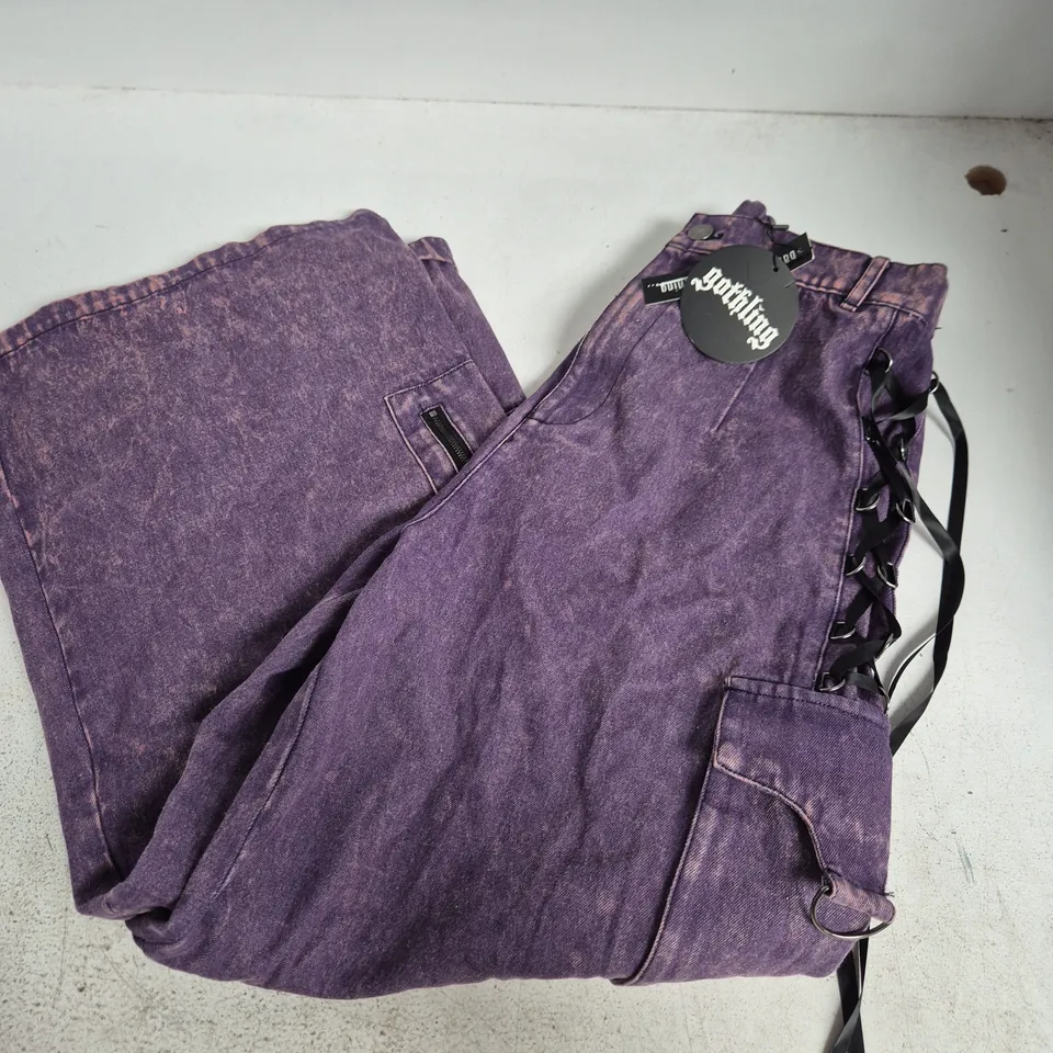 GOTHLING NEBULA LACE UP CARGO TROUSERS – PURPLE DENIM, UK L