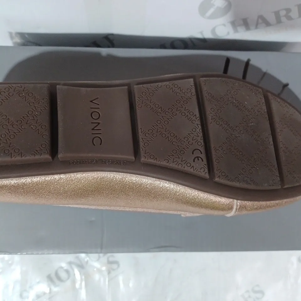 BOXED PAIR OF VIONIC DEBBIE LOAFERS IN ROSE GOLD COLOUR SIZE 4.5