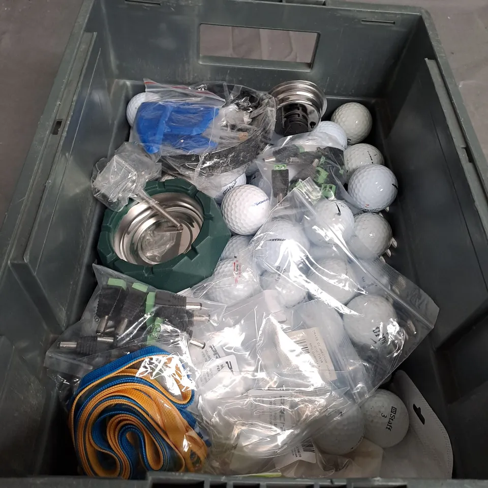 TOTE OF ASSORTED GOLF BALLS AND OTHER HOUSEHOLD ACCESSORIES  