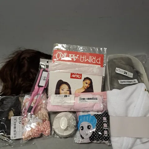 BOX OF APPROXIMATELY 20 ASSORTED COSMETIC ITEMS TO INCLUDE - WIGS - HAIR EXTENSIONS - HAIR ACCESSORIES - ETC