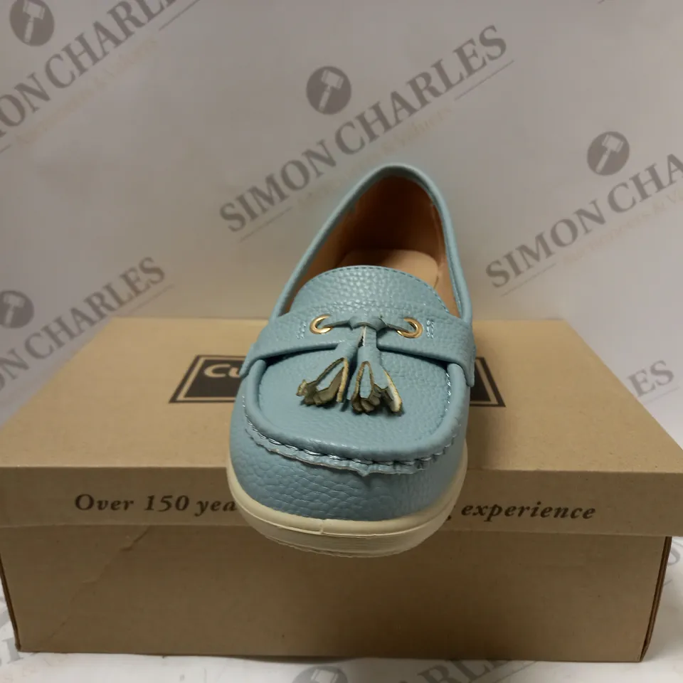 BOXED PAIR OF TASSLE LOAFERS, BLUE - SIZE 6
