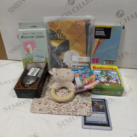 LARGE QUANTITY OF ASSORTED TOYS TO INCLUDE; BABYS FIRST YEAR MILESTONE CARDS, FILOFAX ASSORTED COLOURED NOTEPAPER, MAGIC THE GATHERING CARDS, FAKE CIGARETTES AND BUNNY TEETHER RING