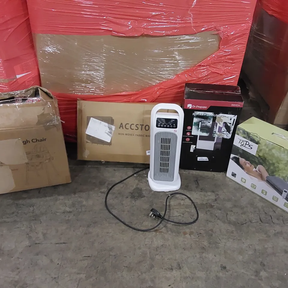 PALLET OF ASSORTED ITEMS INCLUDING: HIGH CHAIR, HEATER, ELECTRIC BLANKET, DEHUMIDIFIER, FABRIC WARDROBE 