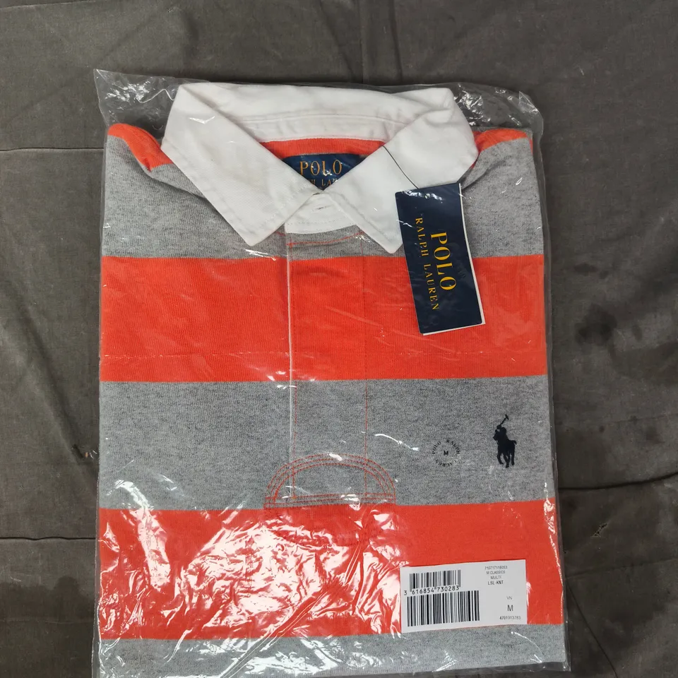 BAGGED POLO RALPH LAUREN STRIPED TOP IN GREY/ORANGE SIZE MEDIUM