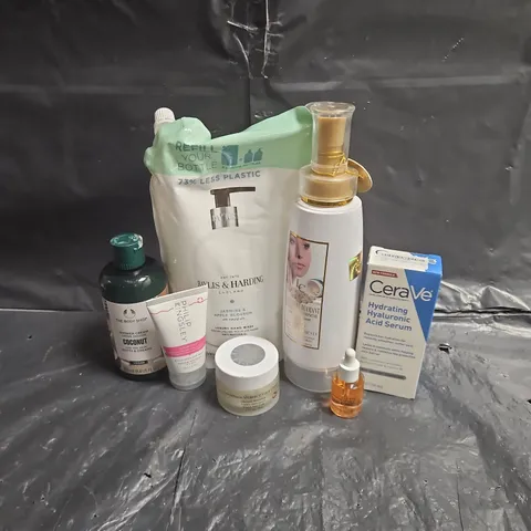 APPROXIMATEY 20 ASSORTED HEALTH AND BEAUTY PRODUCTS TO INCLUDE - CERAVE HYALURONIC ACID SERUM - THE BODY SHOP COCONUT SHOWER CREAM - PHILIP KINGSLEY SWIMCAP MASK - ETC