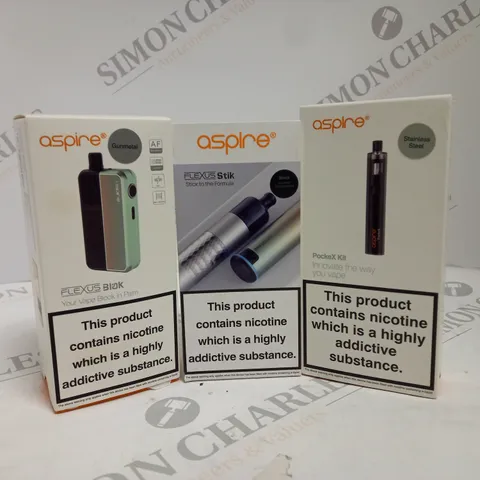 APPROXIMATELY 20 ASSORTED BOXED ASPIRE VAPING PRODUCTS TO INCLUDE FLEXUS STIK KIT, FLEXUS BLOK, POCKEX KIT ETC.