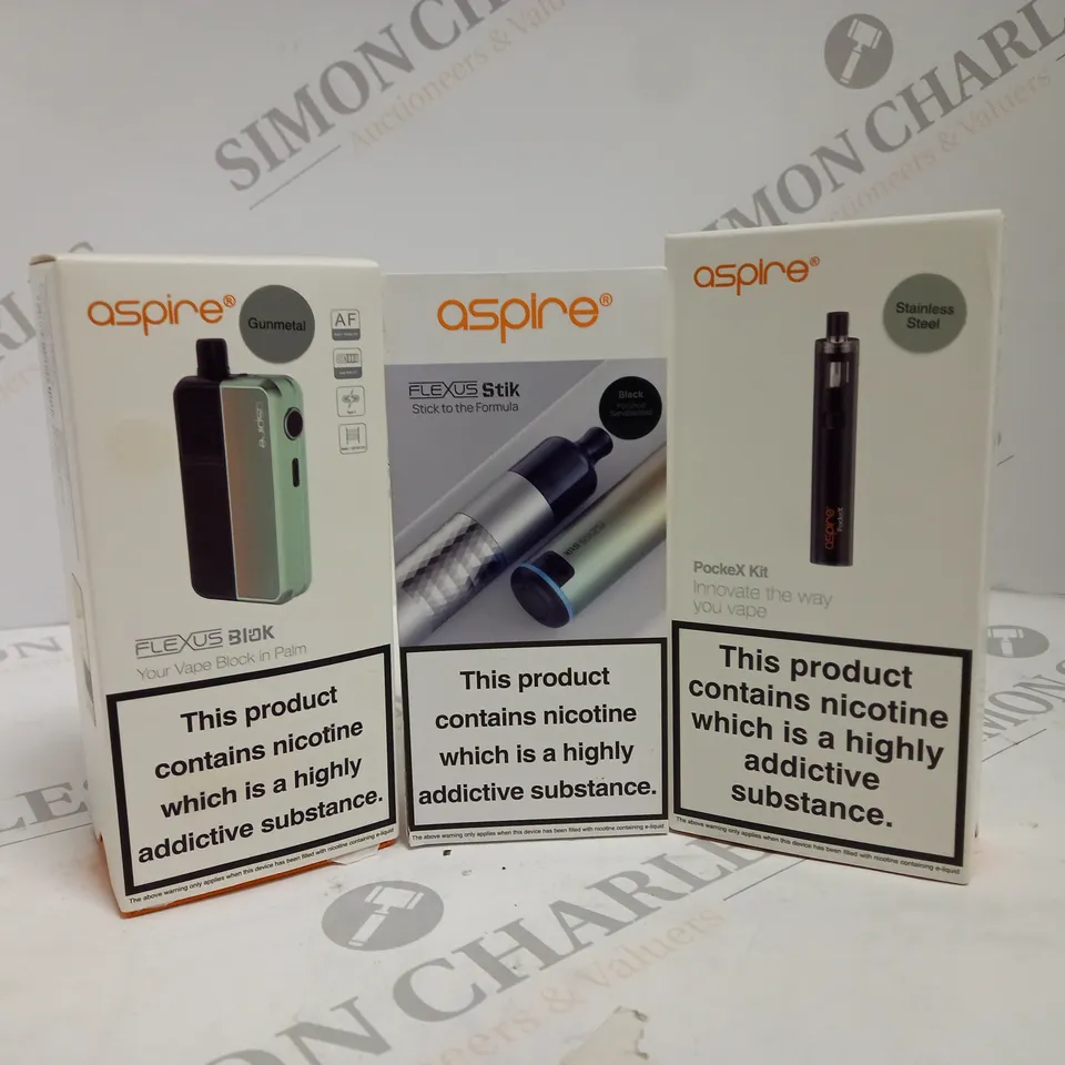 APPROXIMATELY 20 ASSORTED BOXED ASPIRE VAPING PRODUCTS TO INCLUDE FLEXUS STIK KIT, FLEXUS BLOK, POCKEX KIT ETC.