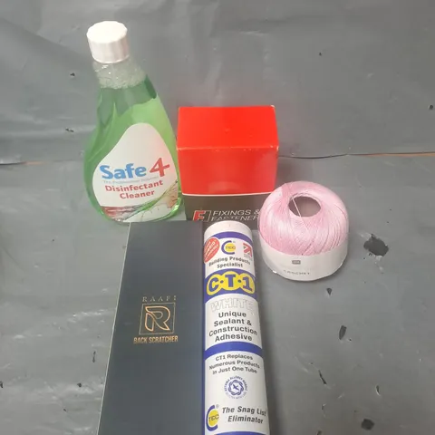 APPROXIMATELY 15 HOUSEHOLD ITEMS TO INCLUDE SAFE 4 DISINFECTANT CLEANSER, CROCHET YARN AND BACK SCRATCHER