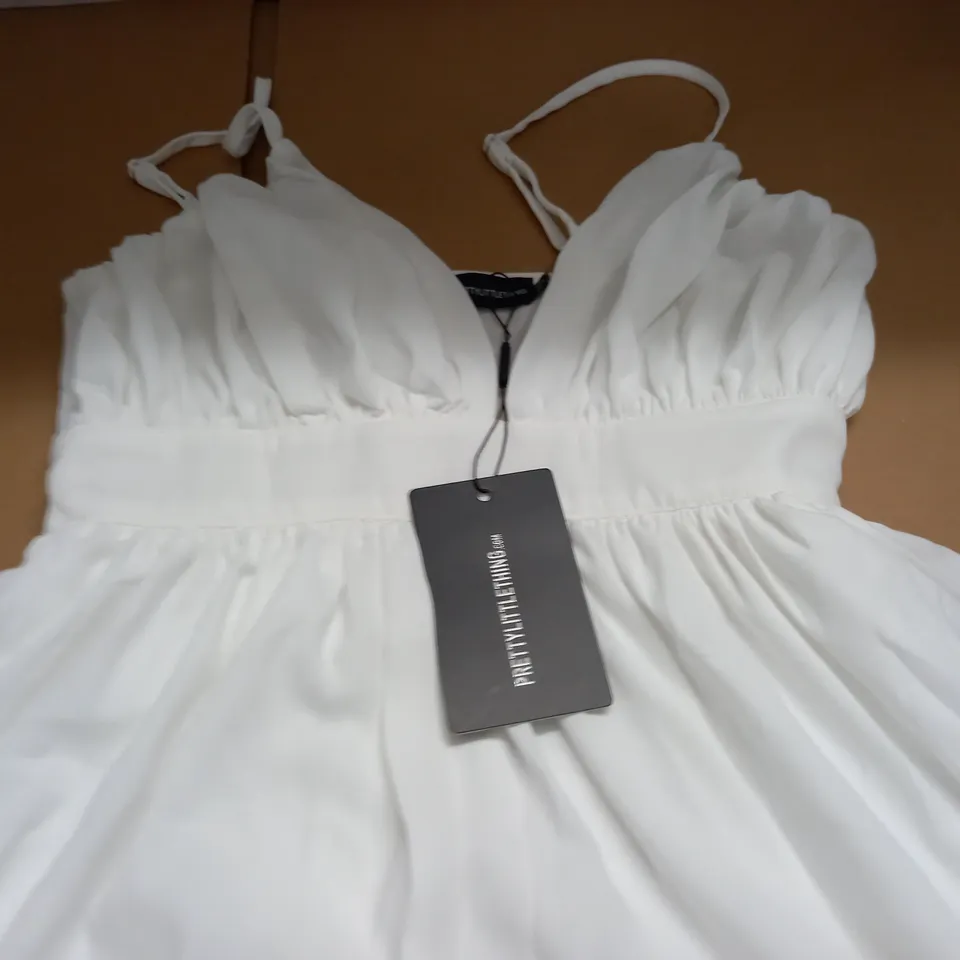 PRETTYLITTLETHING WHITE RUCHED FRILL DETAIL STRAPPY SKATER DRESS - UK 10