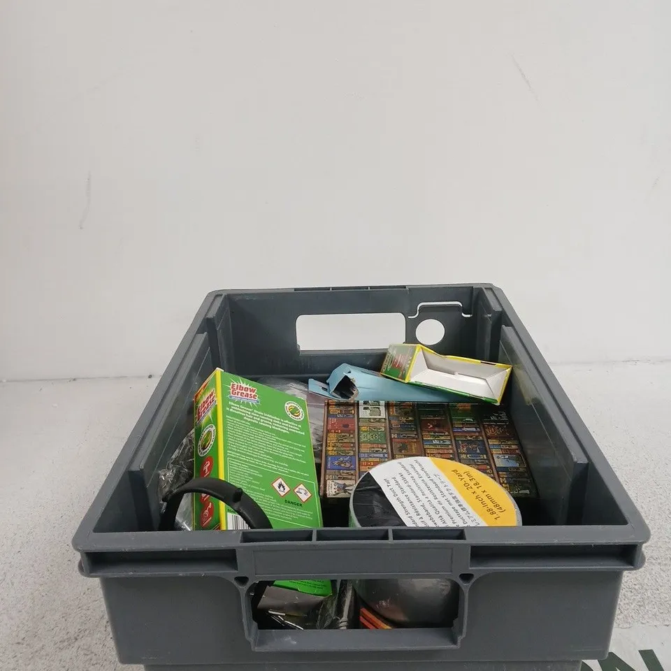 TOTE OF APPROXIMATELY 15 ASSORTED ITEMS TO INCLUDE ELBOW GREASE DRAIN UNBLOCKER, HOYA FILTER, NOTEBOOK, SARAH ASHFORD CROSS STITCH KIT ETC