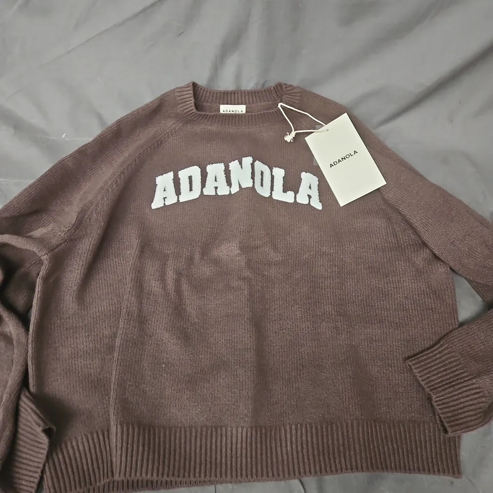 ADANOLA VARSITY BOUCLE OVERSIZED KNIT SWEATSHIRT – DARK COCOA BROWN/MARSHMALLOW - SMALL