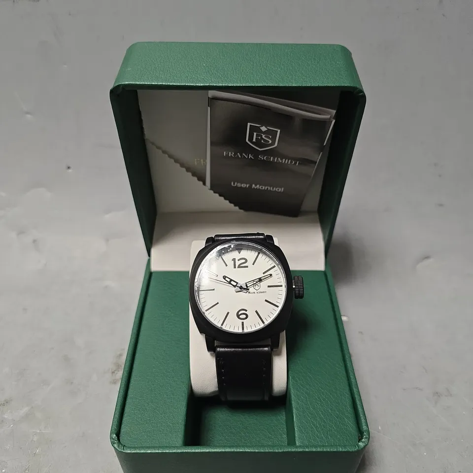 BOXED FRANK SCHMIDT LARGE BLACK CASE WITH PILOT DIAL WATCH