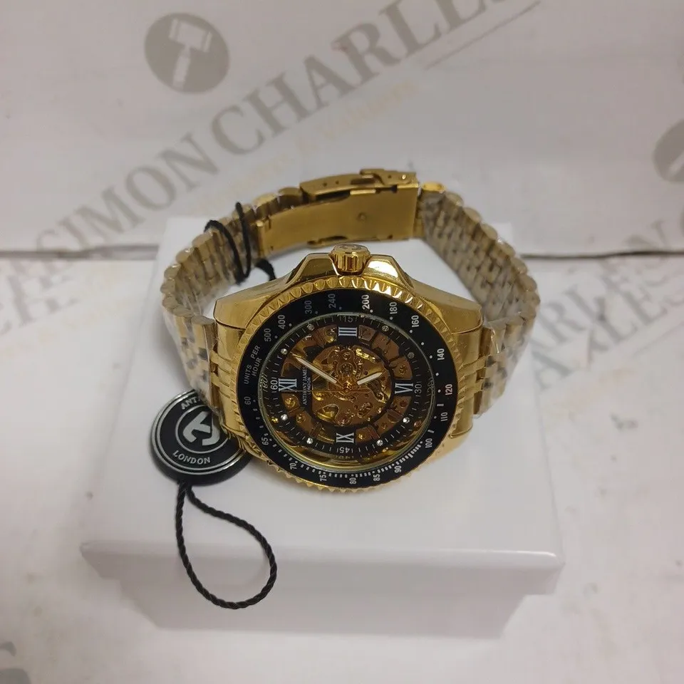 BOXED ANTHONY JAMES TACHYMETER AUTOMATIC SPORTS WATCH - STAINLESS STEEL - WATER RESISTANT. 