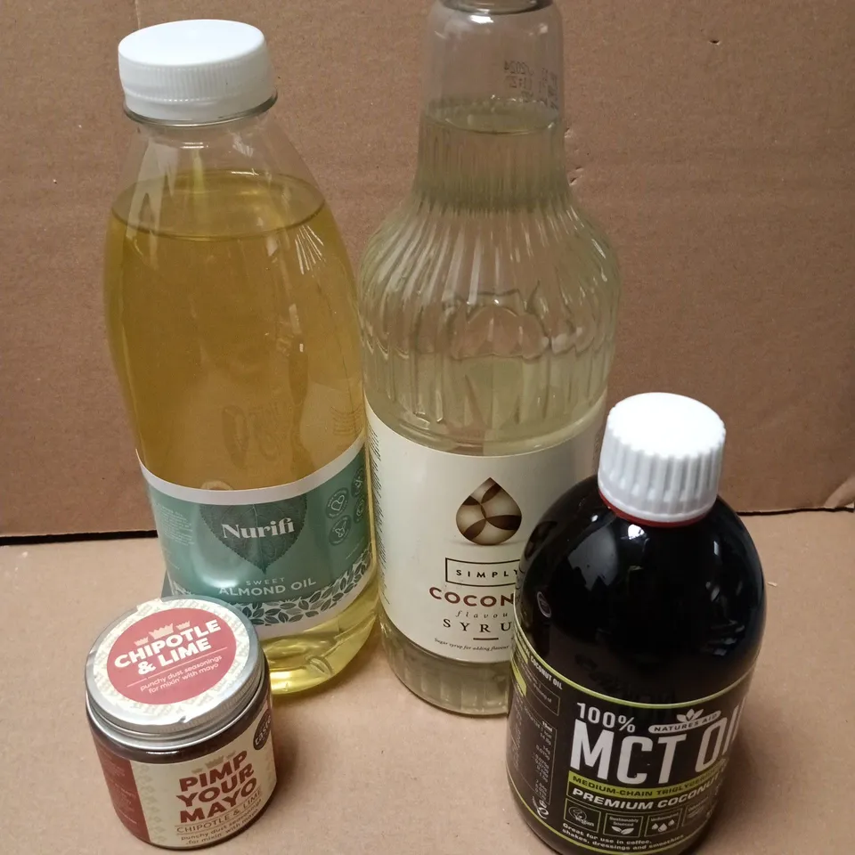 APPROXIMATELY 10 ASSORTED FOOD/DRINK PRODUCTS TO INCLUDE MCT OIL, ALMOND OIL, TANGO ETC 