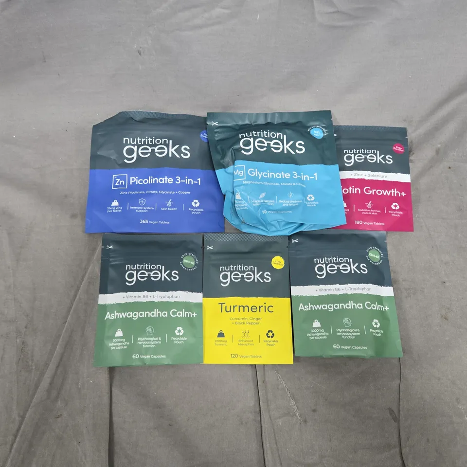 6 NUTRITION GEEKS PRODUCTS TO INCLUDE ASHWAGANDHA CALM+, BIOTIN GROWTH+, TUMERIC, ETC