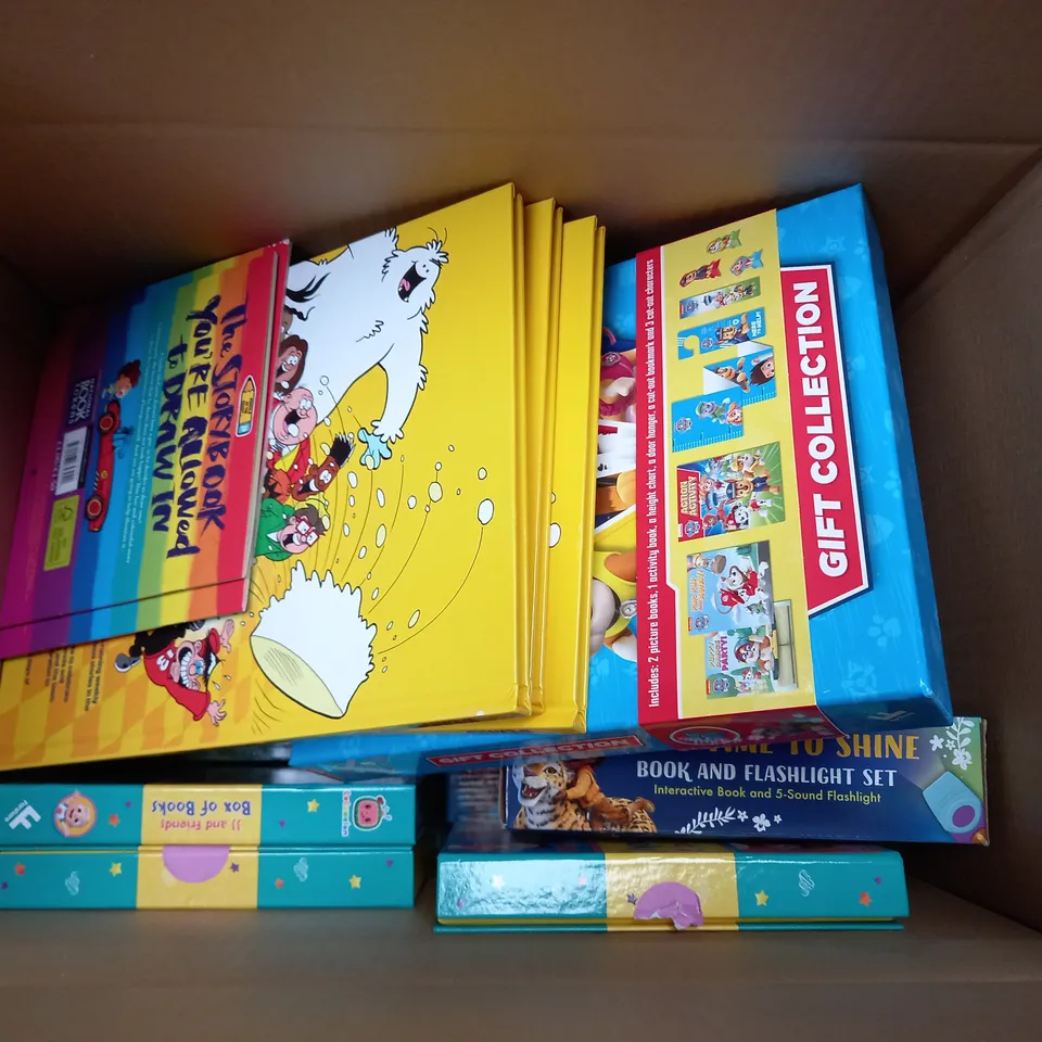 BOX OF APPROXIMATELY 10 ASSORTED BOOKS AND TOYS TO INCLUDE PAW PATROL, BEANO AND COCOMELON