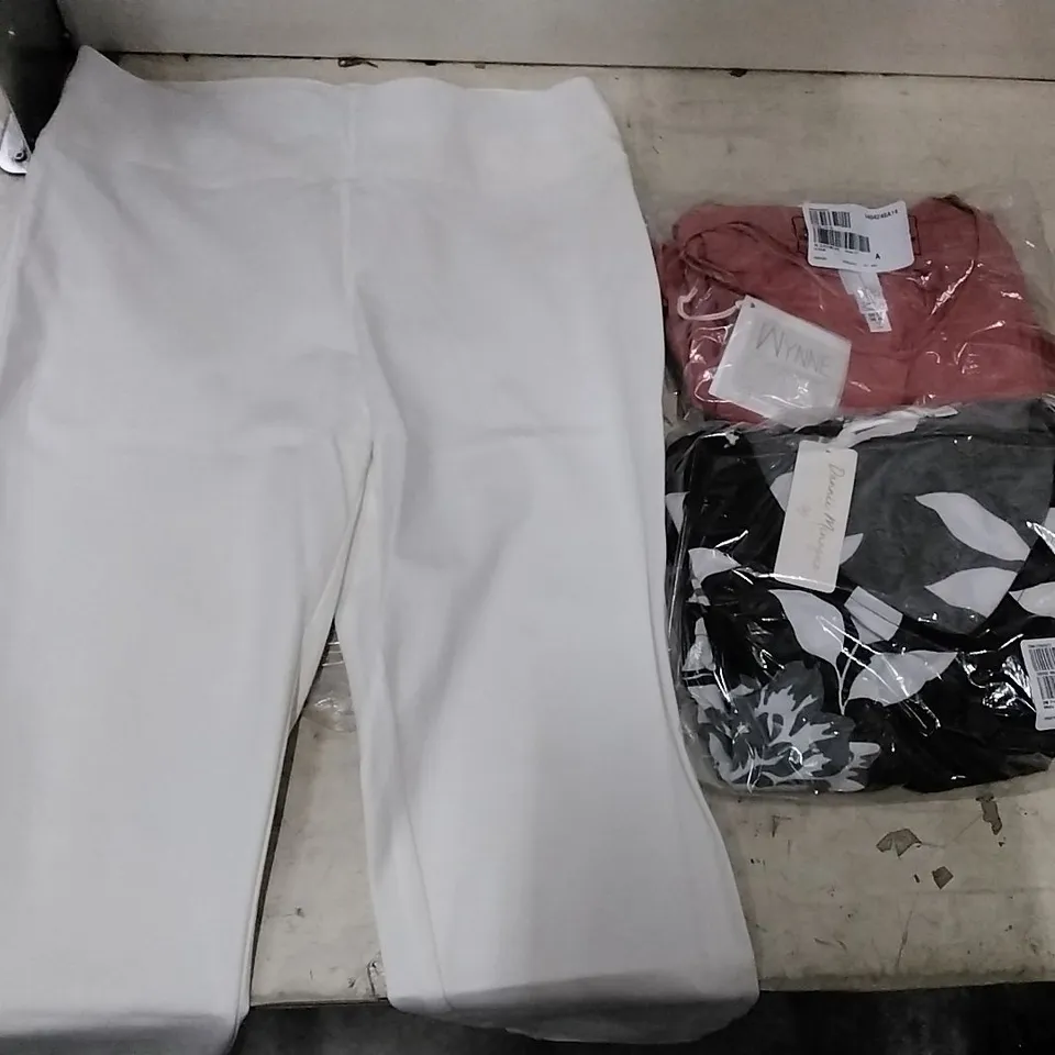 BOX OF APPROXIMATELY 27 ASSORTED CLOTHING ITEMS TO INCLUDE DANNII MINOGUE BLACK&WHITE FLORAL MID DRESS, WYNNE LAYERS SLEEVELESS ROUGE DRESS, MR.MAX HOLLYWOOD LEGGINGS WHITE