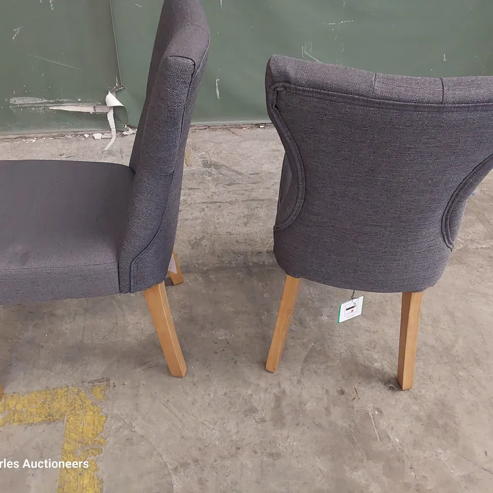 PAIR OF UPHOLSTERED BUTTONED BACK DINING CHAIRS CHARCOAL FABRIC ON NATURAL WOOD LEGS 