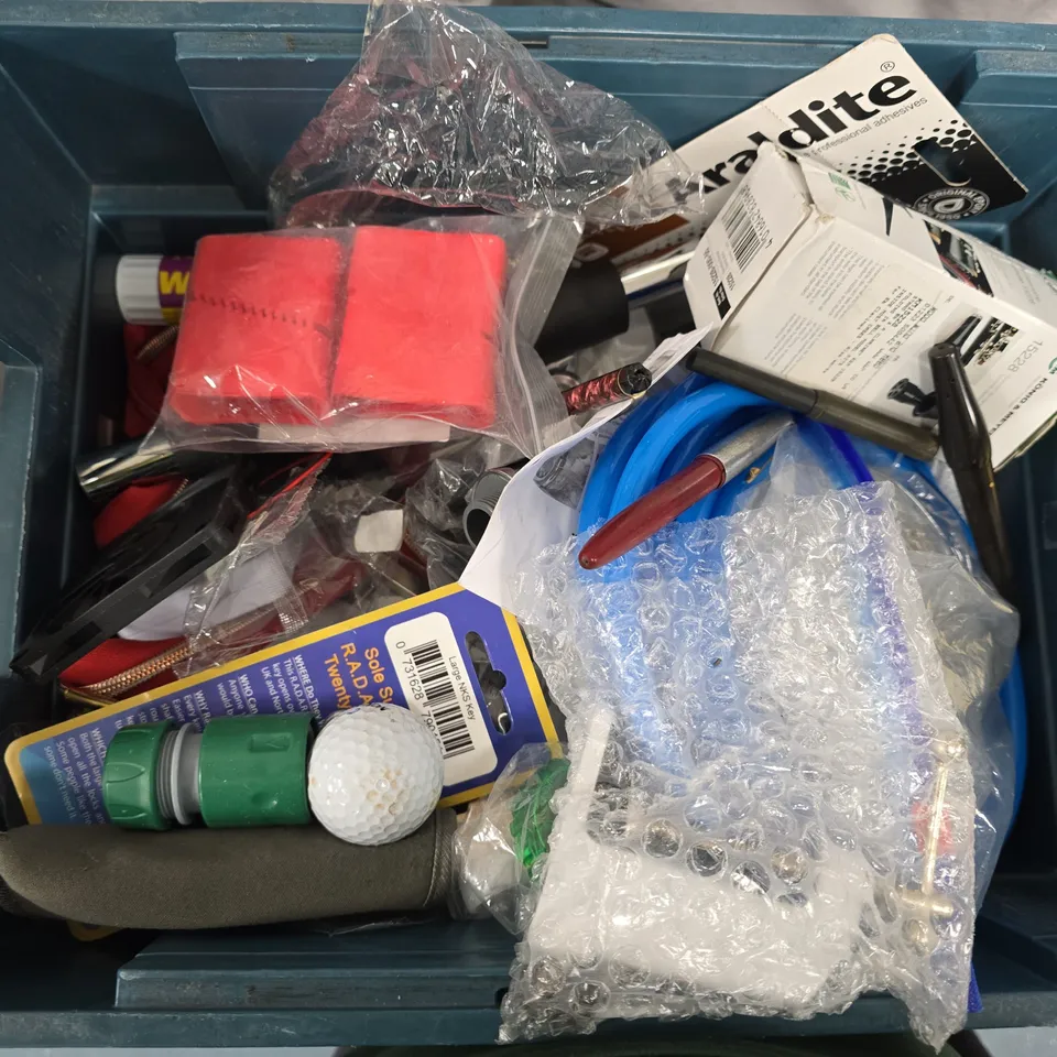 BOX OF ASSORTED ITEMS TO INCLUDE - PENS - TOOLS - EVO STICK 