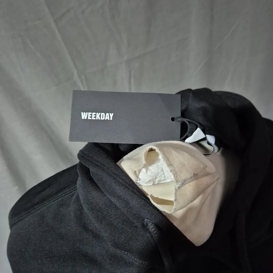 WEEKDAY BLACK HOODIE XS – KANGAROO POCKET, DRAWSTRING