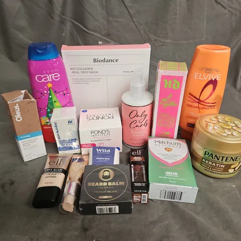 APPROXIMATELY 20 ASSORTED HEALTH & BEAUTY PRODUCTS TO INCLUDE - ELF SATIN FOUNDATION IN 10 FAIR COOL - ONLY CURLS ENHACING GEL - URBAN DECAY ALL NIGHTER SETTING SPRAY - ETC