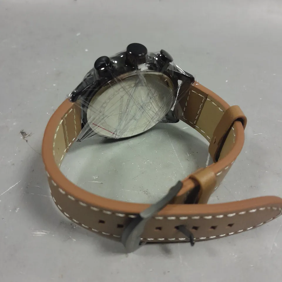 MENS LOUIS LACOMBE CHRONGRAPH WATCH – 3 SUB DIALS – BLACK CASE – LEATHER STRAP