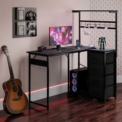 BOXED L SHAPED COMPUTER DESK WITH DRAWERS, GAMING DESK WITH LED LIGHTS (1 BOX)