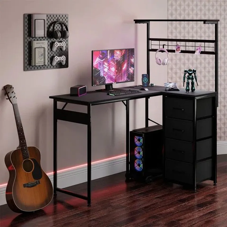 BOXED L SHAPED COMPUTER DESK WITH DRAWERS, GAMING DESK WITH LED LIGHTS (1 BOX)