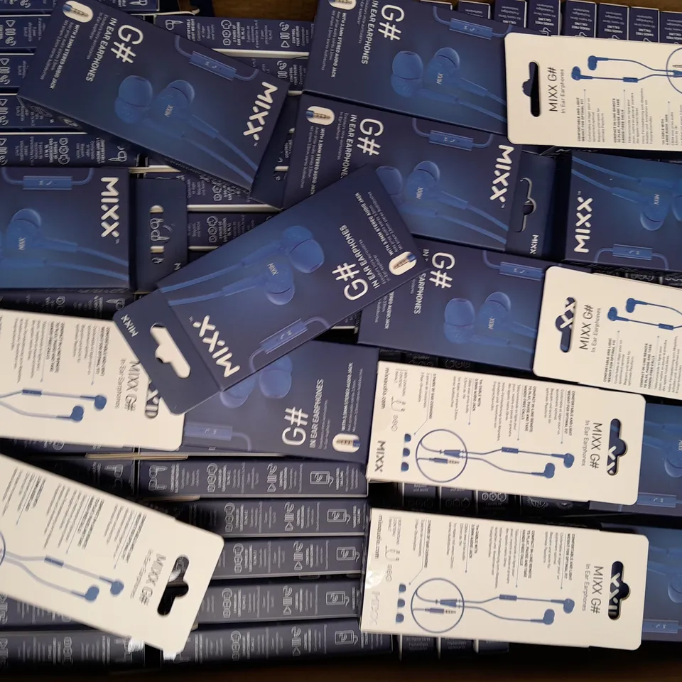 BOX OF APPROXIMATELY 50 MIXX G# IN EAR HEADPHONES IN BLUE
