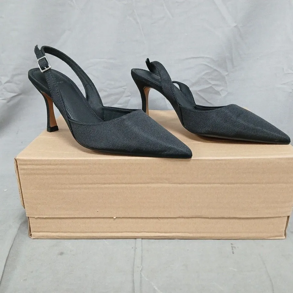 BOXED PAIR OF ASOS DESIGN SAMBER 2 SLINGBACK STILETTO HEELS IN BLACK SIZE UK 4