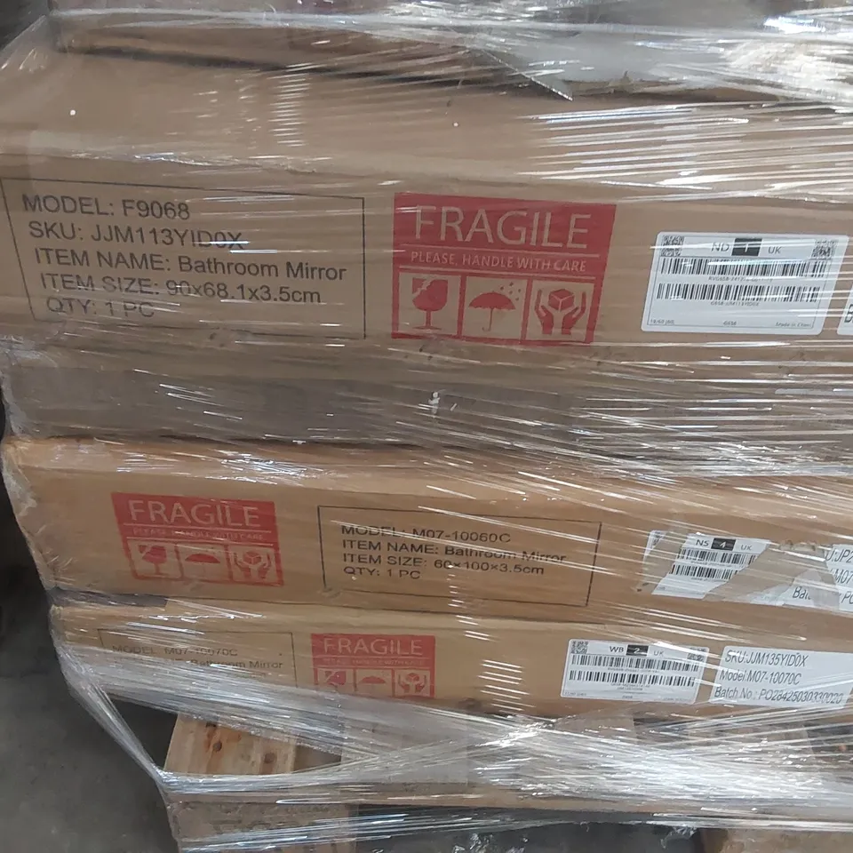 PALLET CONTAINING A LARGE ASSORTMENT OF CONSUMER PRODUCTS INCLUDING: BATHROOM MIRRORS, BABY BOOSTER CHAIR ECT