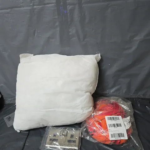 APPROXIMATELY 10 HOUSEHOLD ITEMS TO INCLUDE A CUSHION, CLOTHING AND PLUG WALL SOCKETS