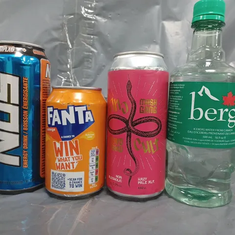 APPROXIMATELY 18 ASSORTED FOOD AND DRINK ITEMS TO INCLUDE NOS ENERGY DRINK, FANTA, BERG, ETC - COLLECTION ONLY