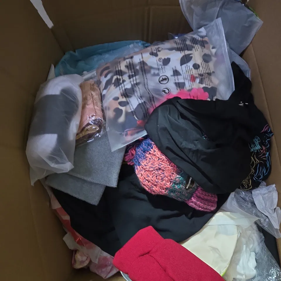 LARGE BOX OF ASSORTED CLOTHING ITEMS IN VARIOUS SIZES, STYLES AND COLOUR 