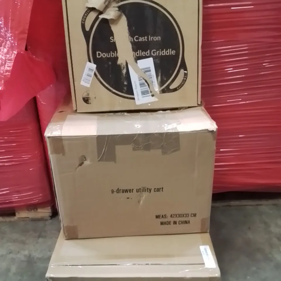 PALLET OF ASSORTED HOUSEHOLD GOODS AND PRODUCTS TO INCLUDE;CAST IRON GRIDDLE,9 DRAWER UTILITY CART,WALL MOUNTED CAT BED