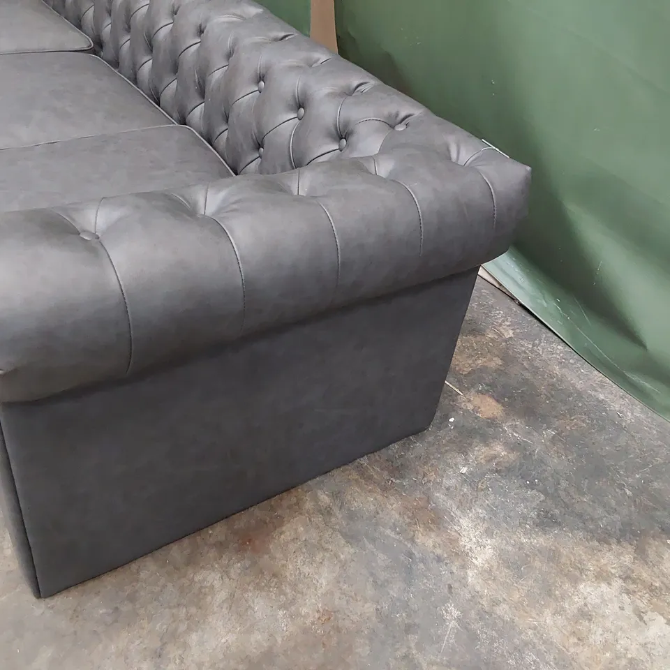 DESIGNER THREE SEATER CHESTERFIELD SOFA STEEL GREY LEATHER 