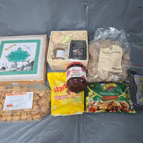 APPROXIMATELY 6 ASSORTED FOOD ITEMS TO INCLUDE SOHAN WITH HONEY, RASPBERRY JAM, AND STARBURST ETC. 