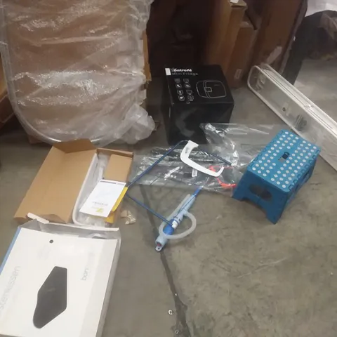 PALLET OF ASSORTED ITEMS INCLUDING MINI FRIDGE, STEP, RISING CUSHION, SAW ETC
