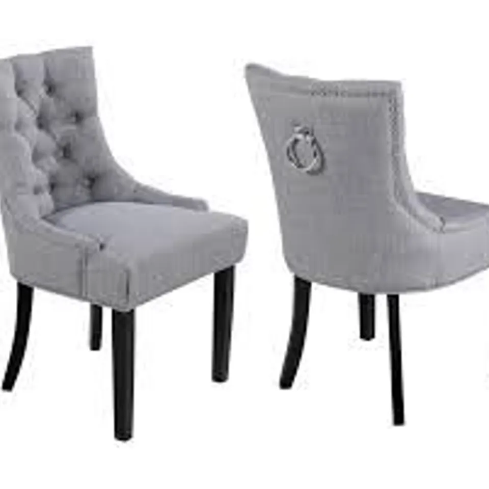 BOXED NEO SET OF 2 UPHOLSTERED CHAIRS HIGH BACK CRUSHED VELVET DINING CHAIRS WITH BUTTONS AND WOODEN LEGS - GREY (1 BOX)