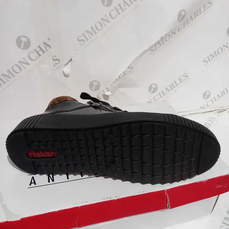 BOXED PAIR OF RIEKER BROWN HIGH TOP LEOPARD CUFF TRAINERS BLACK - SIZE 5 