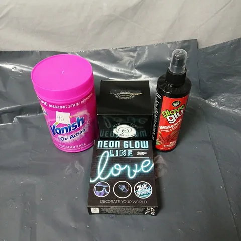 APPROXIMATELY 15 ASSORTED HOUSEHOLD ITEMS TO INCLUDE VANISH, NEON GLOW LINE, GLOVE GLU, ETERNAL PETALS ROSE ETC